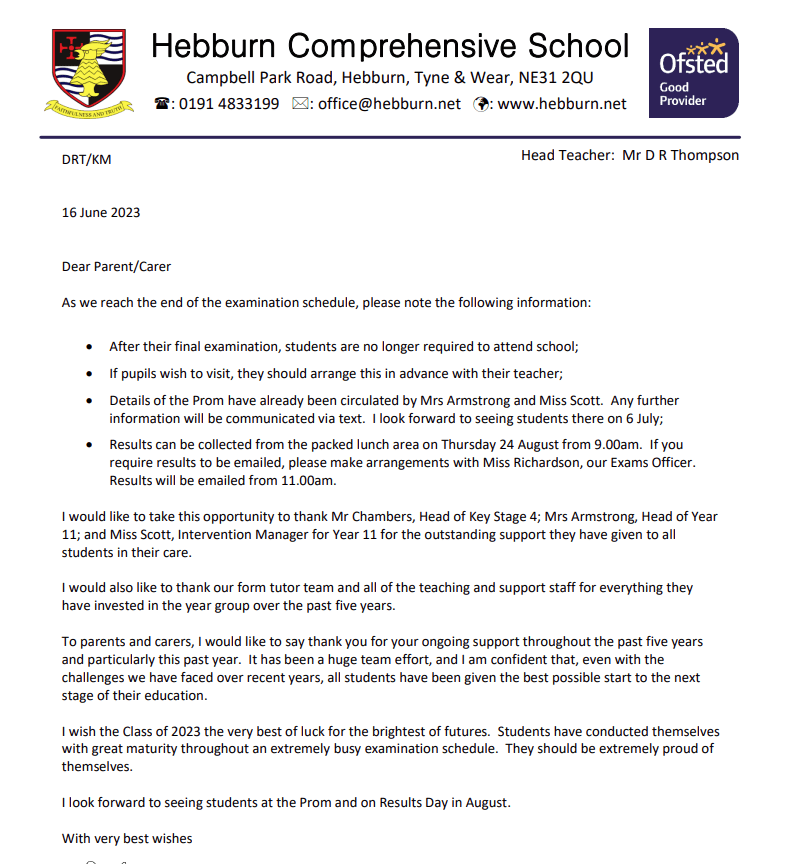 Letter to Parents of Year 11 Leavers 2023 Hebburn Comprehensive School